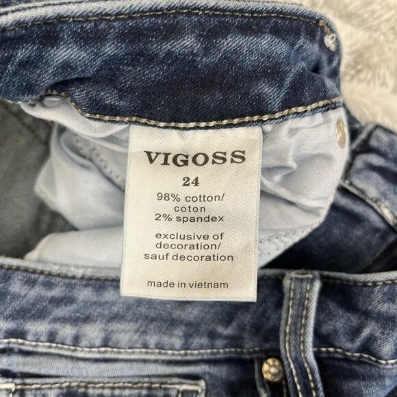 Vigoss Jeans Women 24 Crop Medium Wash Stretch Denim Raw Hem Embroidered Pockets - Picture 5 of 9